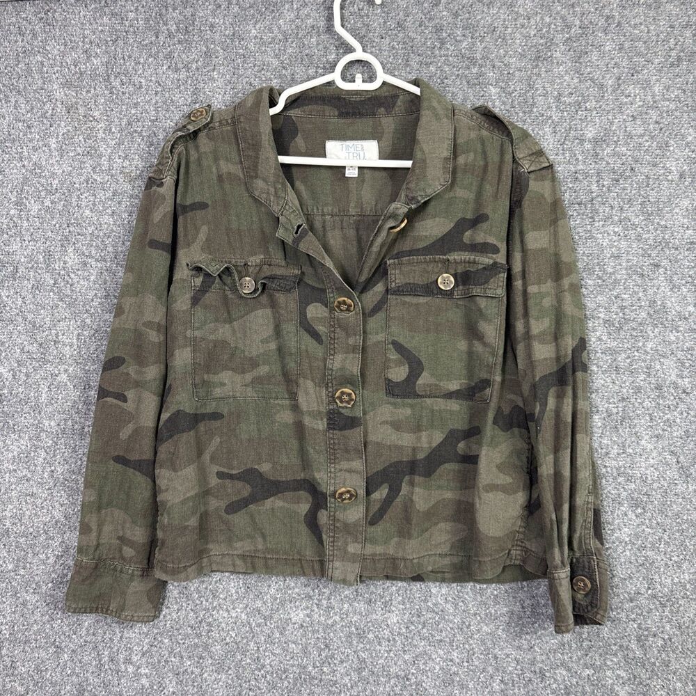 Time and  True Camo Top Jacket  Womens M Green Linen Blend Grunge